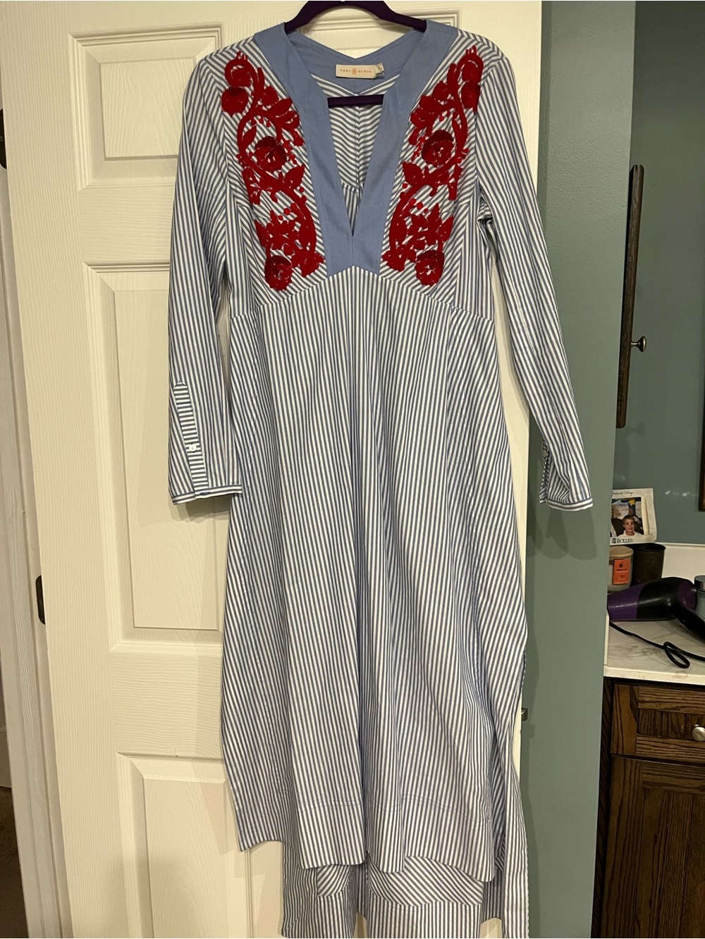 Tory Burch Light Blue & White Striped Long Sleeve Dress with Red Embroidery